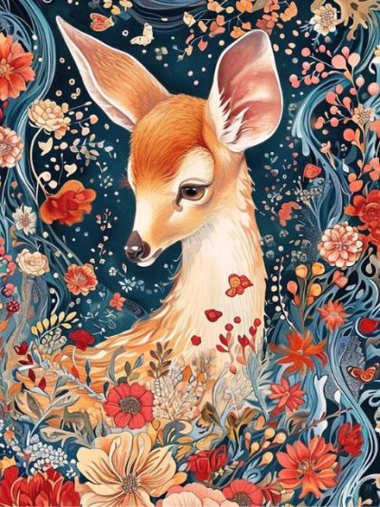 Animal Kits |  Cute Floral Deer – Paint by Numbers Kit 60x75cm(24×29.5in) Animal Animal Kits