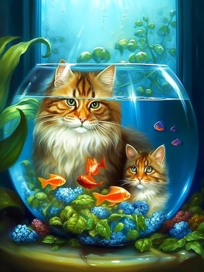 Cat |  Cats and Fishbowl 60x75cm(24×29.5in) Animal Cat