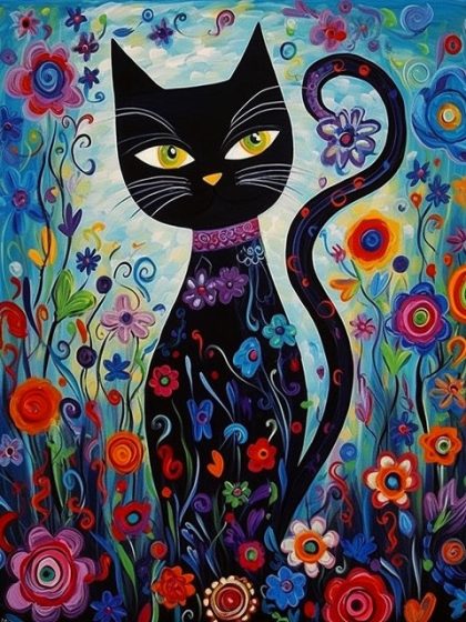 Cat |  Kitten and Flowers Around 60x75cm(24×29.5in) Animal Cat