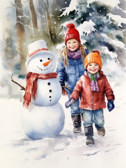 Christmas |  Children with Snowman 60x75cm(24×29.5in) Christmas Christmas