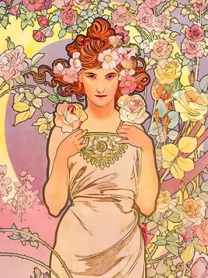 Famous Kits |  Alphonse Mucha – Lady in Pink 60x75cm(24×29.5in) Famous Famous Kits