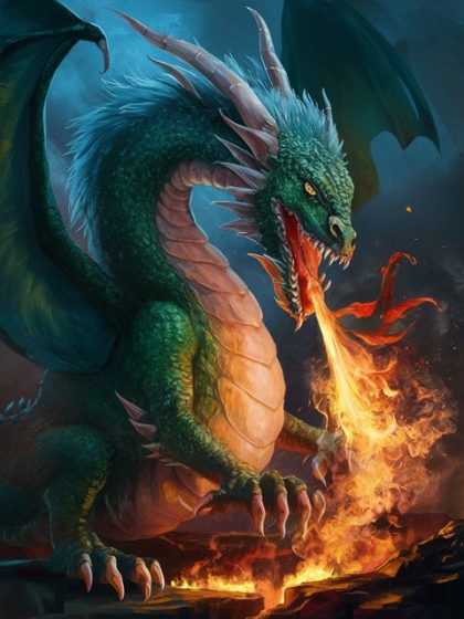 Fantasy Kits |  Green Dragon Breathing Fire – Paint by Numbers Kit 60x75cm(24×29.5in) Fantasy Fantasy Kits