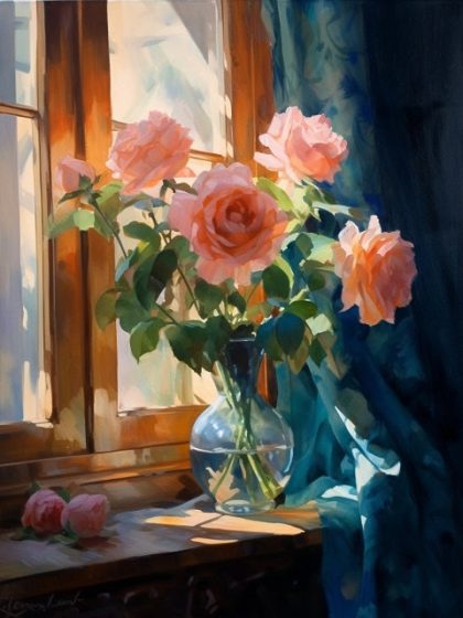 Floral Kits |  Roses on Windowsill 60x75cm(24×29.5in) Floral Kits Floral Kits