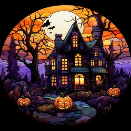 Halloween |  Haunted Halloween Manor Stained Glass 60x60cm(23.5×23.5in) Halloween Halloween