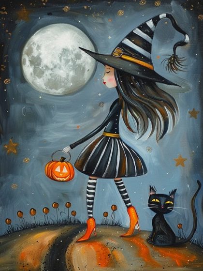 Halloween |  Witch and her Cat 60x75cm(24×29.5in) Halloween Halloween