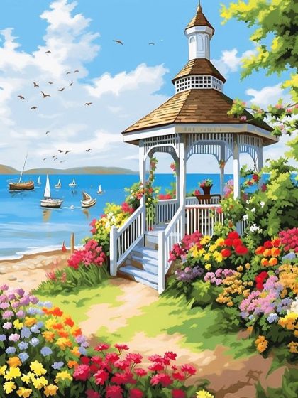 Landscape |  Gazebo Amidst Flowers 60x75cm(24×29.5in) Landscape Landscape