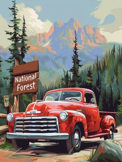 Landscape |  Red Truck in Forest 60x75cm(24×29.5in) Landscape Landscape