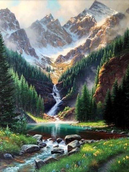 Landscape |  Rocky Mountains Waterfall – Paint by Numbers Kit 60x75cm(24×29.5in) Landscape Landscape