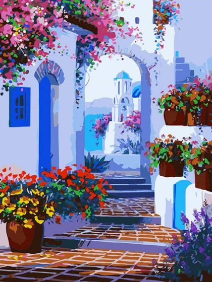 Landscape |  Santorini Street Full of Flowers – Paint by Numbers Kit 60x75cm(24×29.5in) Landscape Landscape