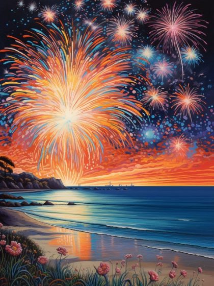 Ocean |  Fireworks at the Sea – Paint by Numbers Kit 60x75cm(24×29.5in) Landscape & Nature Ocean