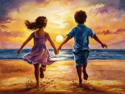 Ocean |  Kids on Beach 60x75cm(24×29.5in) Landscape & Nature Ocean