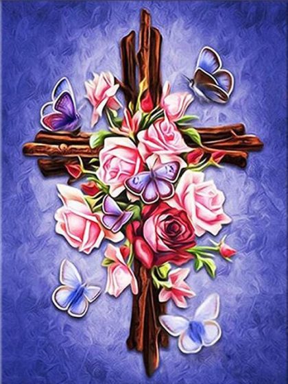 Religious Kits |  Cross in Flowers 60x75cm(24×29.5in) Religious Religious Kits