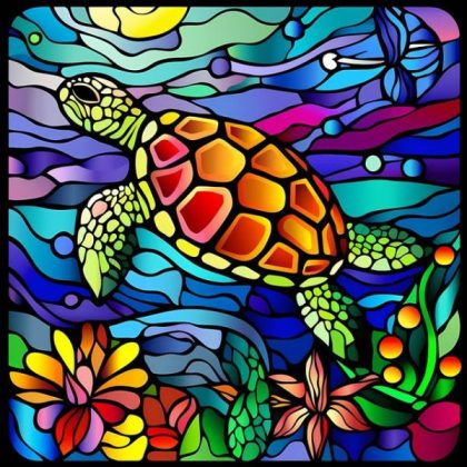 Stained Glass |  Coral Reef Turtle 60x60cm(23.5×23.5in) Style Stained Glass