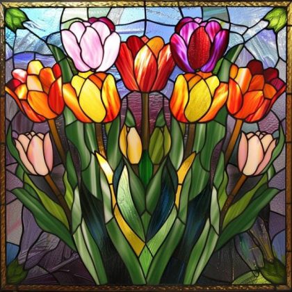 Stained Glass |  Stained Glass Tulip Burst 60x60cm(23.5×23.5in) Stained Glass Stained Glass