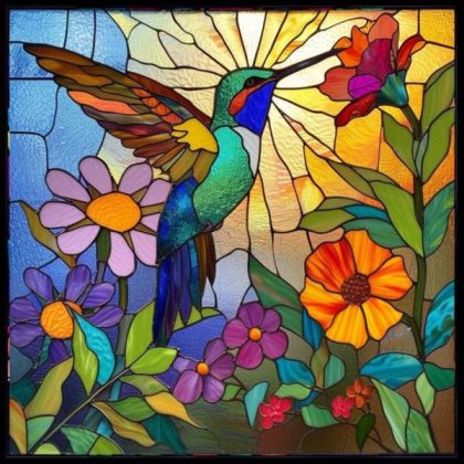 Stained Glass |  Sunlit Hummingbird Harmony 60x60cm(23.5×23.5in) Stained Glass Stained Glass