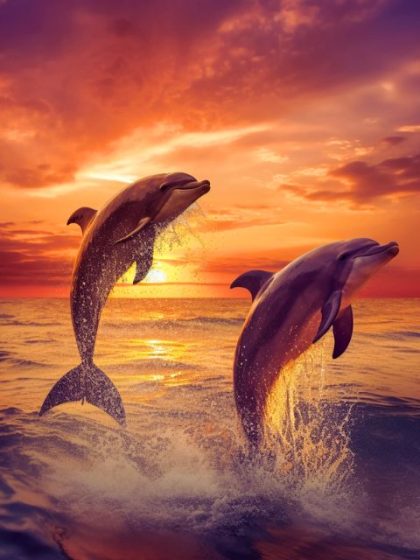 Sunset |  Dolphins in Sunset 60x75cm(24×29.5in) Landscape & Nature Sunset