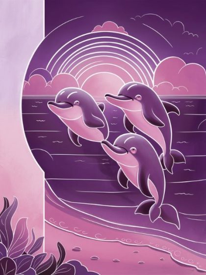 Sunset |  Dolphins Love 60x75cm(24×29.5in) Landscape & Nature Sunset