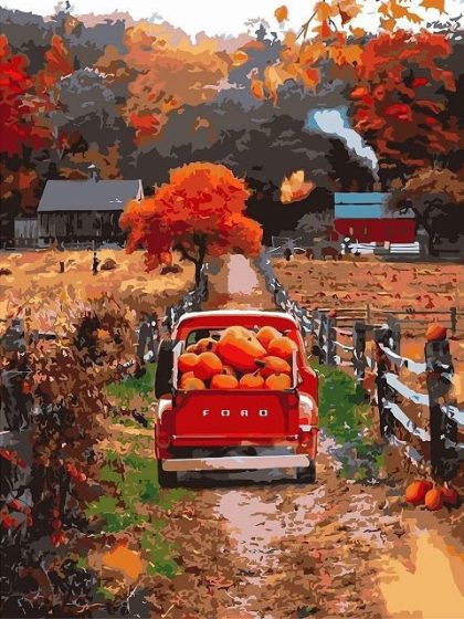 Truck |  Red Truck Pumpkin Field – Paint by Numbers Kit 60x75cm(24×29.5in) Truck Truck