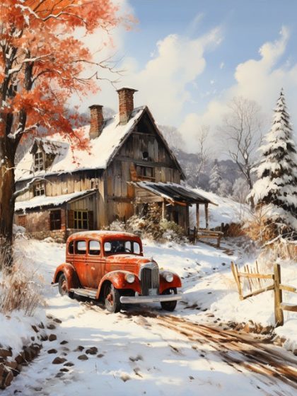 Vintage |  Red Truck Winter Retreat 60x75cm(24×29.5in) Style Vintage