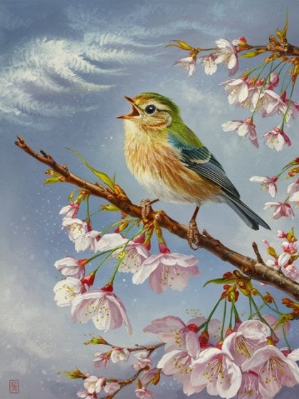 Bird |  Bird on Blossoming Branch 60x75cm(24×29.5in) Animal Bird