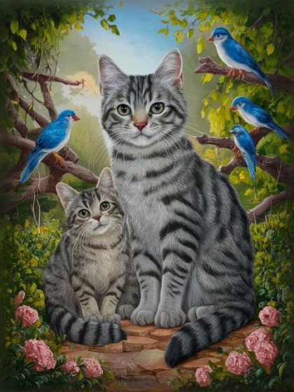 Cat |  Cute Cats and Birds 60x75cm(24×29.5in) Animal Cat