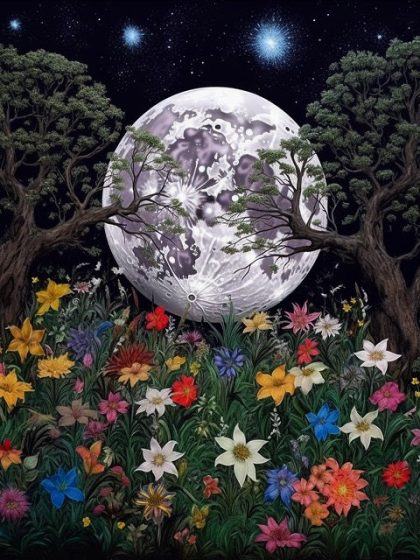 Floral Kits |  Moon Stars and Flowers – Paint by Numbers Kit 60x75cm(24×29.5in) Floral Kits Floral Kits