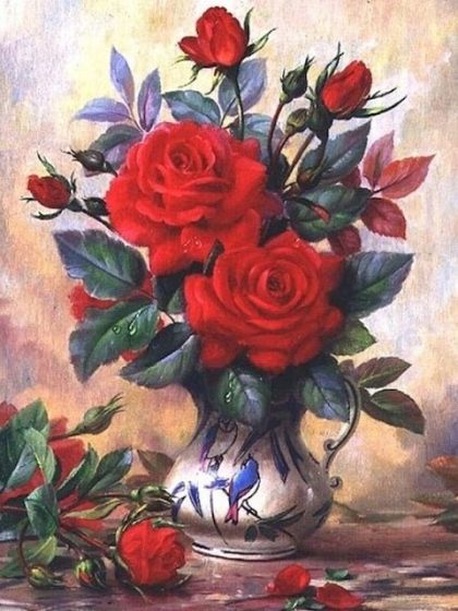 Floral Kits |  Red Roses in Chinese Vase 60x75cm(24×29.5in) Floral Kits Floral Kits